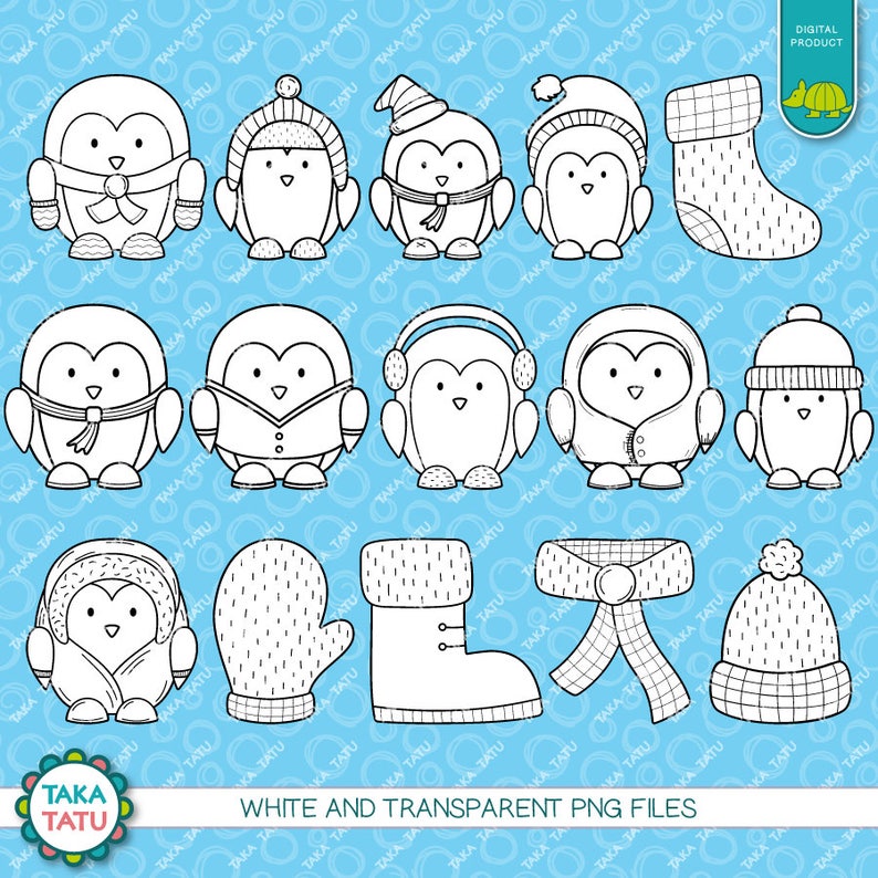 May include: A set of 14 black and white illustrations of penguins wearing winter accessories, including hats, scarves, mittens, and boots.  The illustrations are on a light blue background with a white border.