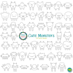 Cute Monsters Clipart - Clipart in bianco e nero / Monster Doodles / Monster Clipart / Monster Line Art / Cute Halloween / Mostro stampabile
