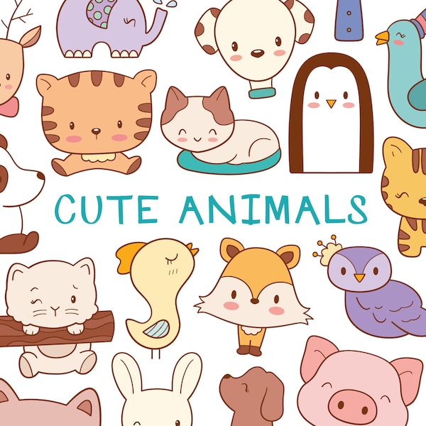 100 Cute Animals Clipart - Kawaii Animals Digital Image / Printable Animal Doodles for Craft Projects / Clipart for Kids / Pets and Woodland