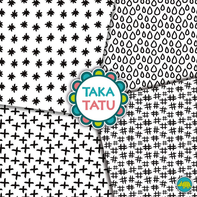 Geometric Hand Drawn Digital Paper Black and White Paper / | Etsy