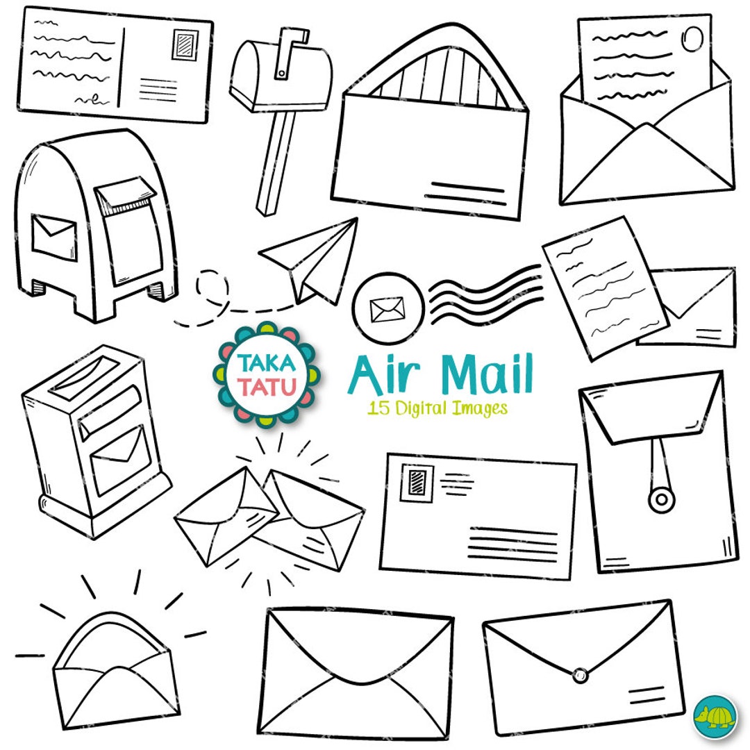 Air Mail Digital Stamp Air Mail Clipart / Mail Doodles Clipart / Hand