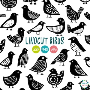 Linosnede vogels zwart-wit clipart-eenvoudige vogels digitale stempel