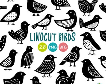 Linocut Birds Black and White Clipart - Simple Birds Digital Stamp