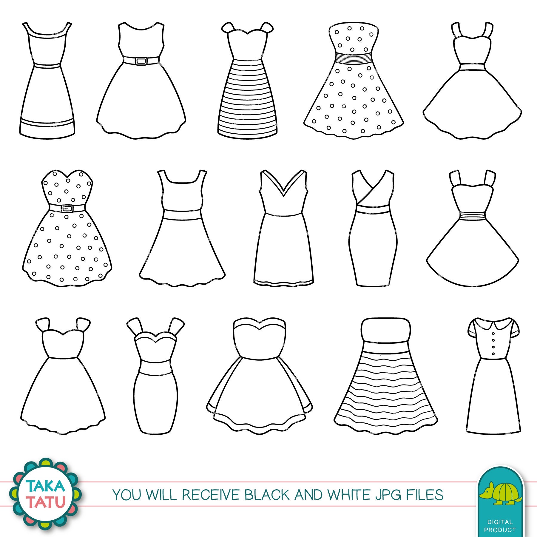 Dress Clipart Black and White Dress Doodles / Fashion Etsy