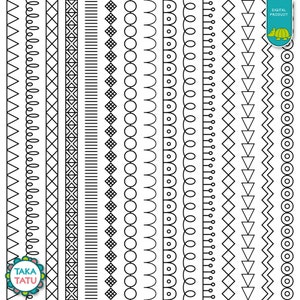 May include: A set of 14 black and white border designs. The designs include circles, zigzags, diamonds, and other geometric shapes.