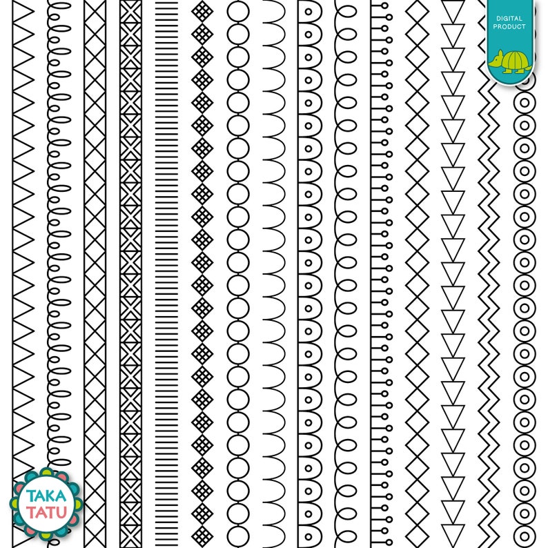 May include: A set of 14 black and white border designs. The designs include circles, zigzags, diamonds, and other geometric shapes.