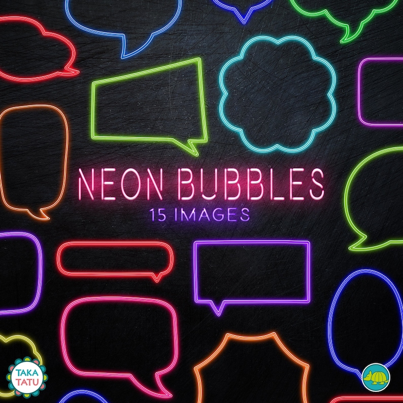 May include: A collection of 15 neon speech bubbles in various shapes and colors, including red, pink, green, blue, purple, and yellow. The text "NEON BUBBLES" and "15 IMAGES" is displayed in white.