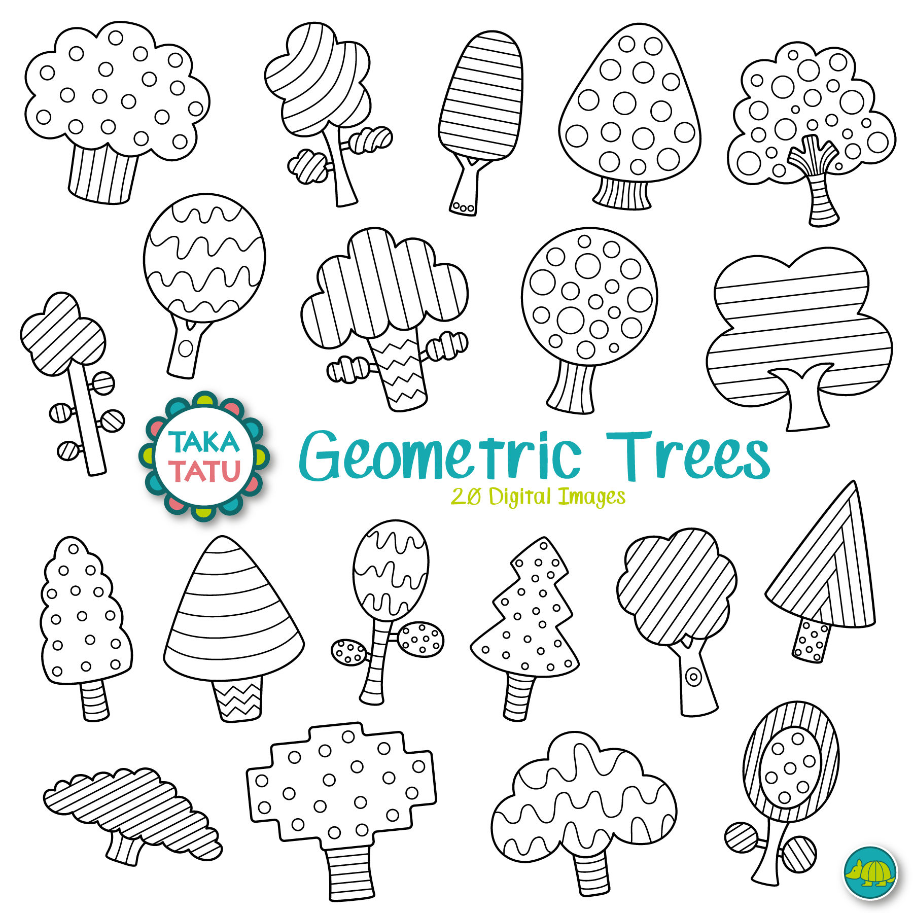 Geometric Trees Digital Stamp Pack Black and White Clipart / | Etsy