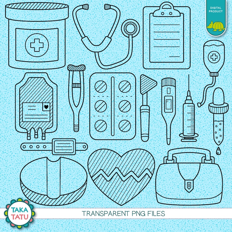 Pode incluir: Um conjunto de 12 desenhos em preto e branco de suprimentos e equipamentos m&eacute;dicos, incluindo um estetosc&oacute;pio, p&iacute;lulas, um term&ocirc;metro, uma seringa, um cora&ccedil;&atilde;o, um kit de primeiros socorros, um saco de sangue, uma muleta, uma garrafa de medicamento e uma prancheta. As imagens est&atilde;o em um fundo azul claro com um padr&atilde;o de bolinhas brancas.