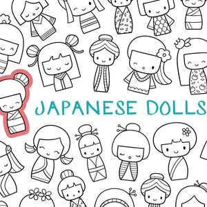Japanische Puppen Kawaii schwarz weiß Linie Kunst digitale Stempel Clipart / süße asiatische Puppen / Kawaii druckbare japanische Mädchen / Kokeshi