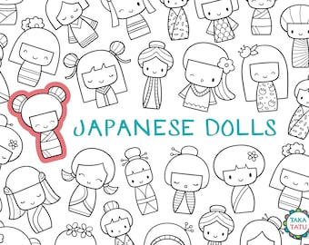 Japońskie lalki Kawaii Czarno-biała linia sztuki Cyfrowy znaczek Clipart / Słodkie azjatyckie lalki / Kawaii Wydrukowane japońskie dziewczyny / Kokeshi