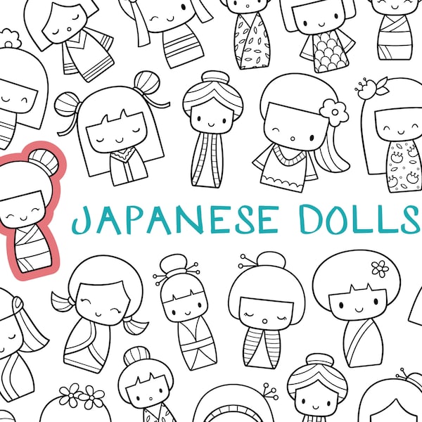 Japanese Dolls Kawaii Black and White Line Art Digital Stamp Clipart / Cute Asian Dolls / Kawaii Printable Japanese Girls / Kokeshi