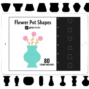 Peut inclure: Une illustration numérique de 80 formes de pots de fleurs à utiliser avec l'application Procreate. Les formes sont en noir et blanc et comprennent une variété de styles, tels que ronds, carrés et rectangulaires.