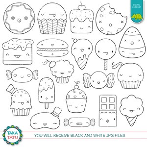 May include: A set of 20 black and white line drawings of cute food items, including cupcakes, cookies, candy, ice cream, and cake. The drawings are in a cartoon style and have happy faces.