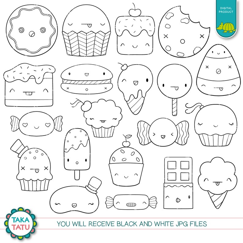 May include: A set of 20 black and white line drawings of cute food items, including cupcakes, cookies, candy, ice cream, and cake. The drawings are in a cartoon style and have happy faces.