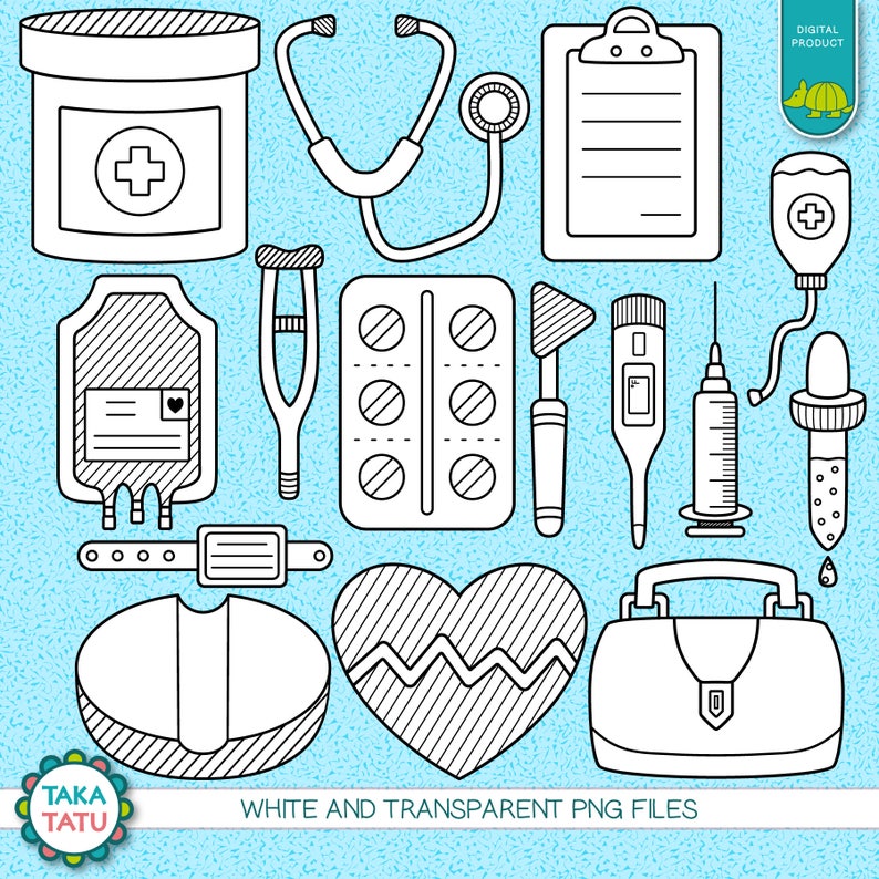Pode incluir: Um conjunto de 13 desenhos em preto e branco de suprimentos e equipamentos m&eacute;dicos. As ilustra&ccedil;&otilde;es incluem um estetosc&oacute;pio, um frasco de p&iacute;lulas, um cora&ccedil;&atilde;o, um term&ocirc;metro, uma seringa, um kit de primeiros socorros, uma prancheta, um saco de sangue, uma muleta, uma cartela de p&iacute;lulas, um abaixador de l&iacute;ngua, um conta-gotas e uma bandagem.