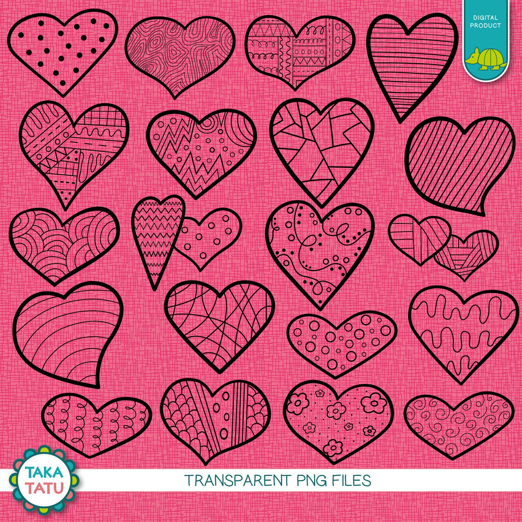 Heart Doodles Digital Stamp - Black and White Clipart / Doodle / Hand ...
