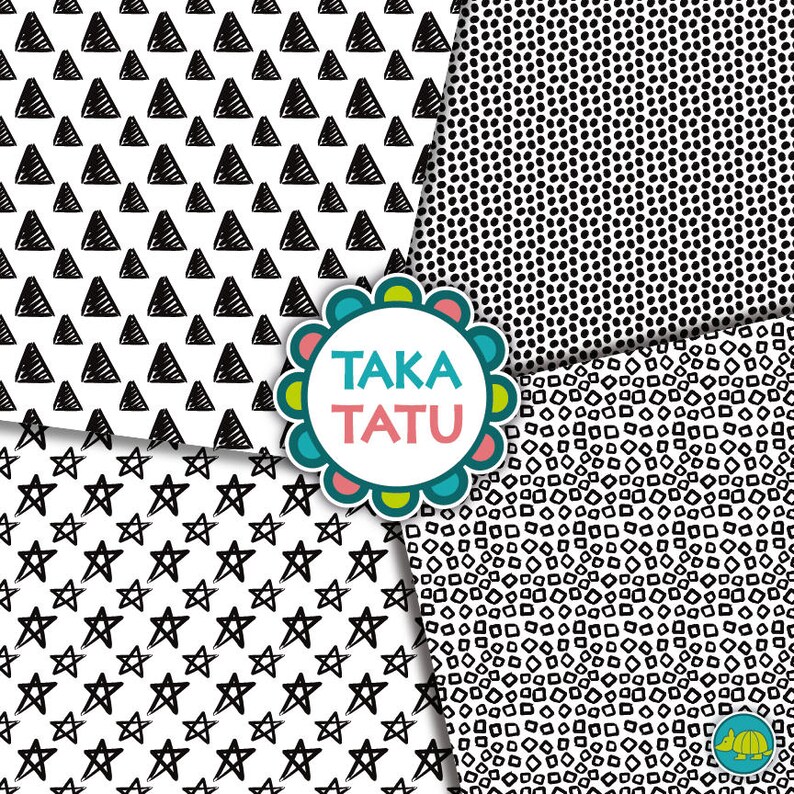Geometric Hand Drawn Digital Paper Black and White Paper / | Etsy