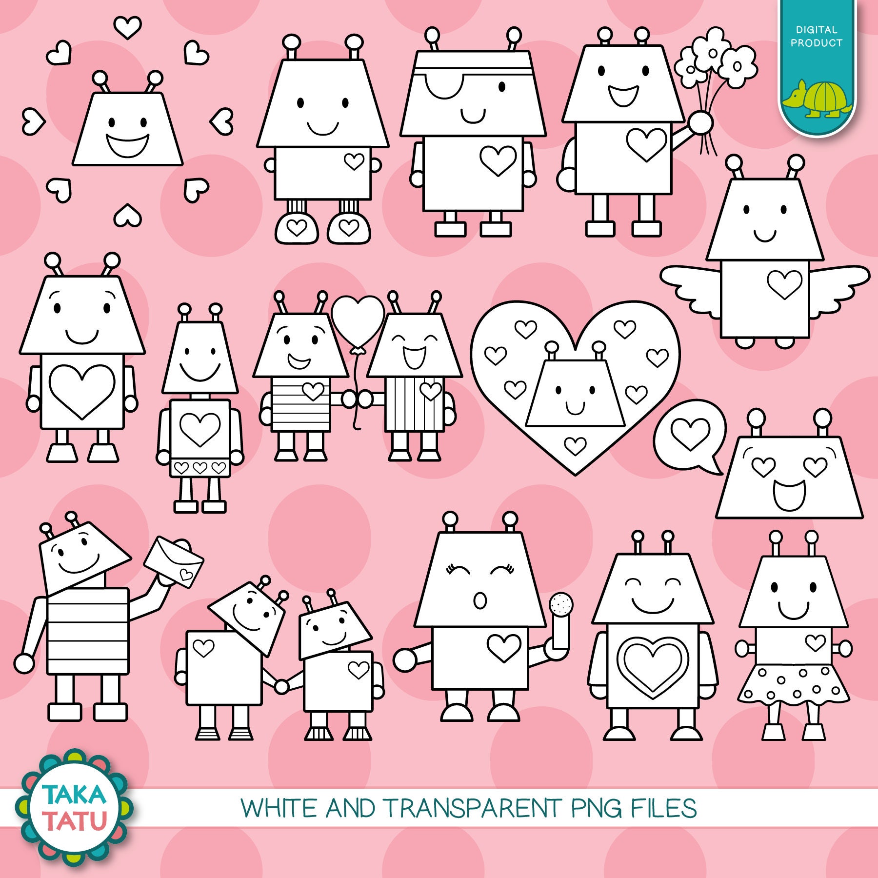 Robot Love Digital Stamp Pack - Black and White Clipart / Valentines ...