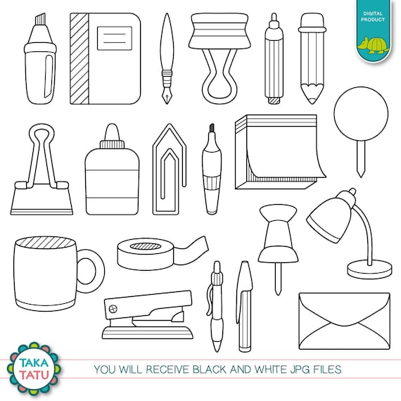 Office Supplies Digital Stamp Office Supplies Clipart / Office Stationery  Clipart / Classroom Clipart / Business Line Art / Pen / Pencil 