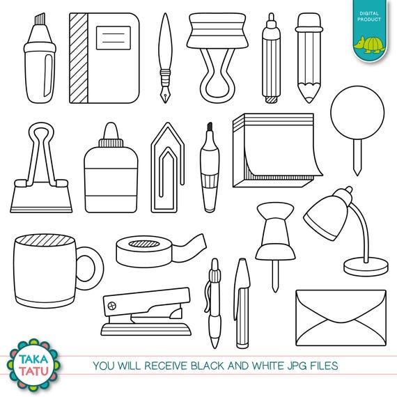 Office Supplies Digital Stamp Office Supplies Clipart / Office Stationery  Clipart / Classroom Clipart / Business Line Art / Pen / Pencil 