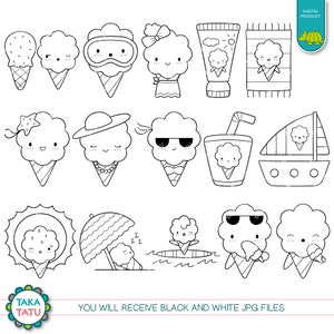 Cotton Candy Summer Clipart Fun and Cute Summer Digital Stamps / Printable Coloring Pages for Kids / Kawaii Beach Day Clipart / Printable image 2