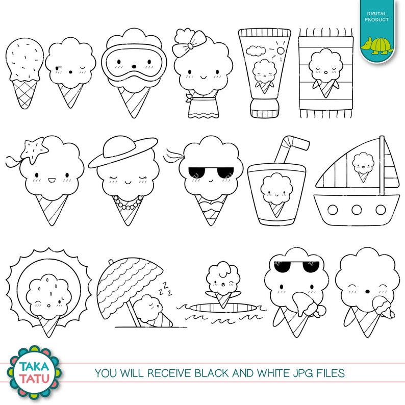 Cotton Candy Summer Clipart Fun and Cute Summer Digital Stamps / Printable Coloring Pages for Kids / Kawaii Beach Day Clipart / Printable image 2