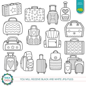 May include: A set of 14 black and white line drawings of different types of luggage, including suitcases, backpacks, and duffel bags. The drawings are in a cartoon style and are perfect for coloring pages or craft projects.