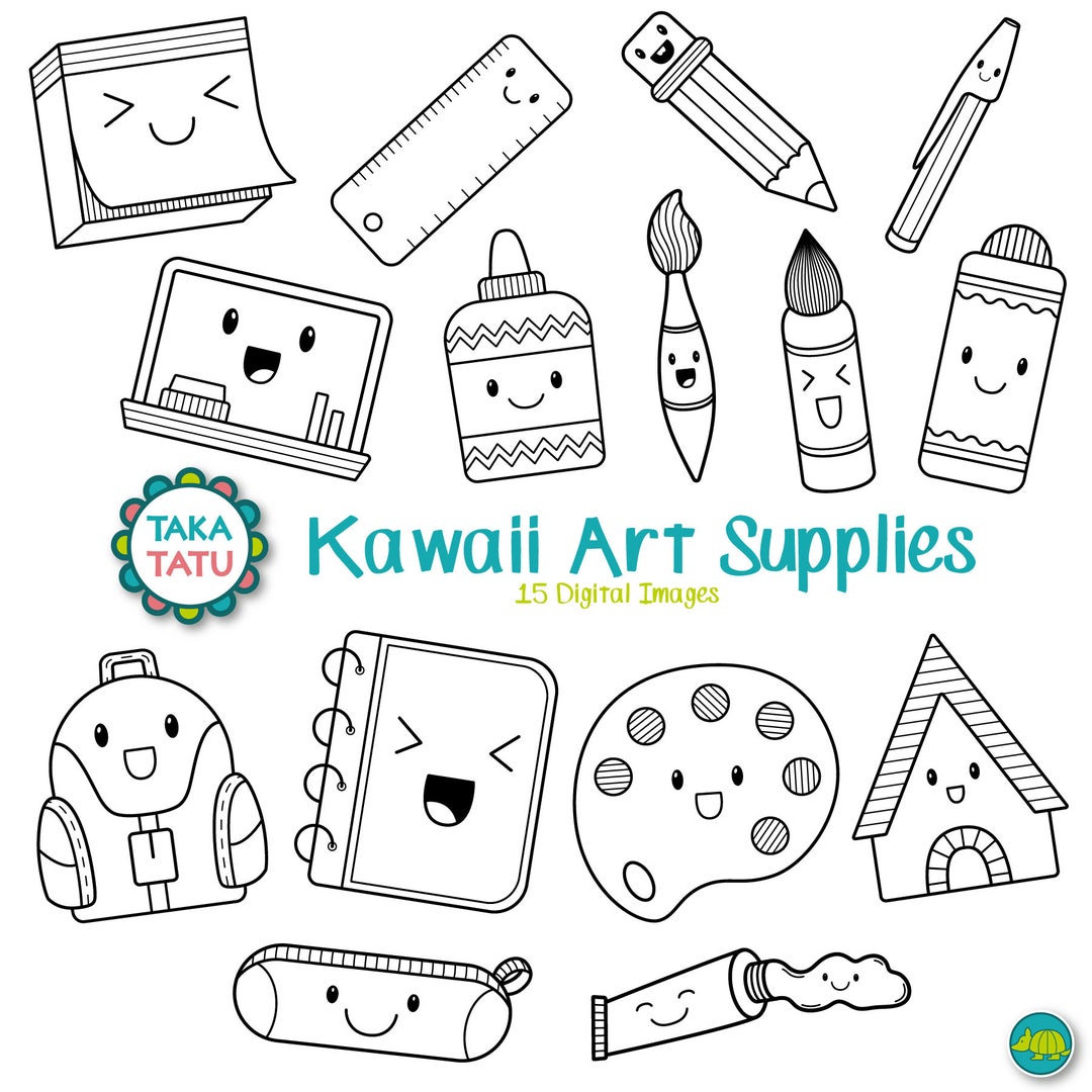 Kawaii Art Supplies Digital Stamp Art Supplies Clipart / Cute Art Supplies  / Art School Clip Art / Kids School Printable 