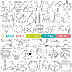 Pirate Doodles Digital Stamp - Pirate Clipart / Pirate Stamp / Pirate Line Art / Hand Drawn Stamps / Skull / Ship / Anchor / Map / Treasure
