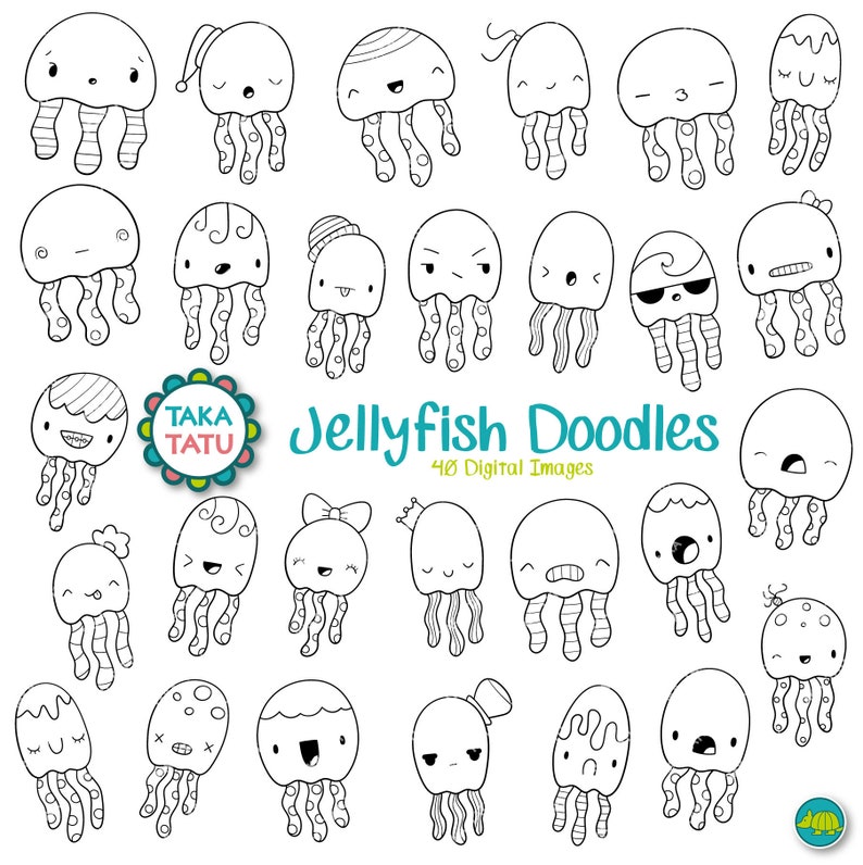 May include: A set of 28 black and white line drawings of jellyfish with different expressions. The jellyfish are all in a cartoon style and have different features, such as hats, bows, and crowns. The text "Jellyfish Doodles 40 Digital Images" is at the bottom of the image.