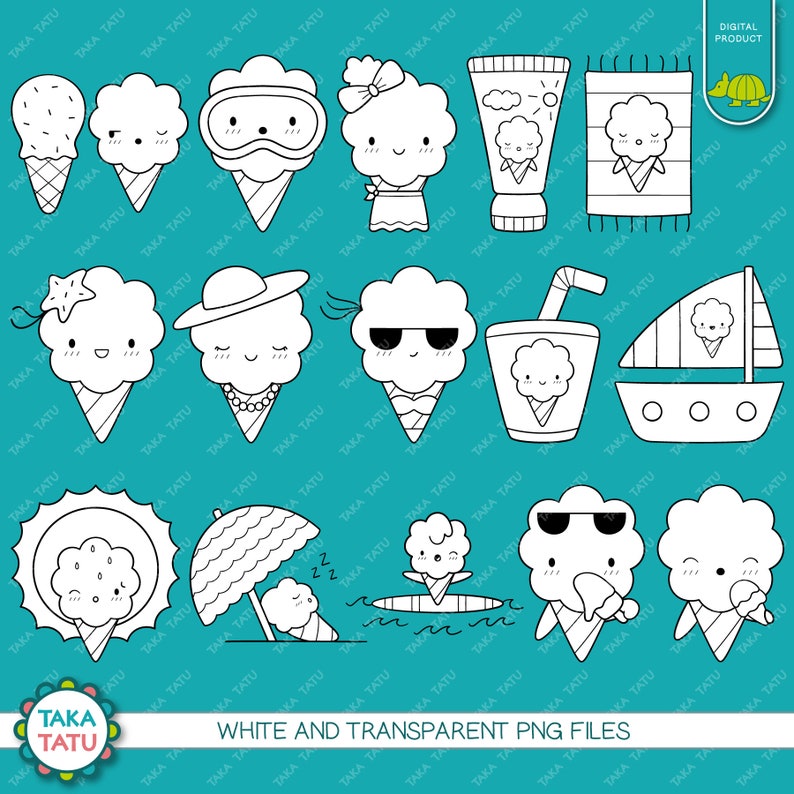 Cotton Candy Summer Clipart Fun and Cute Summer Digital Stamps / Printable Coloring Pages for Kids / Kawaii Beach Day Clipart / Printable image 3