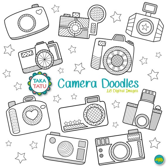 Camera Doodles Digital Stamp Pack Black And White Clipart Etsy