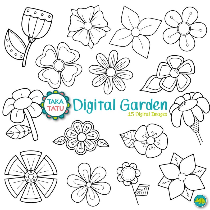Digital Garden Digital Stamp Pack Black and White Clipart / Flowers Clip Art / Black and White Printable / Digi Stamps Instant Download image 1
