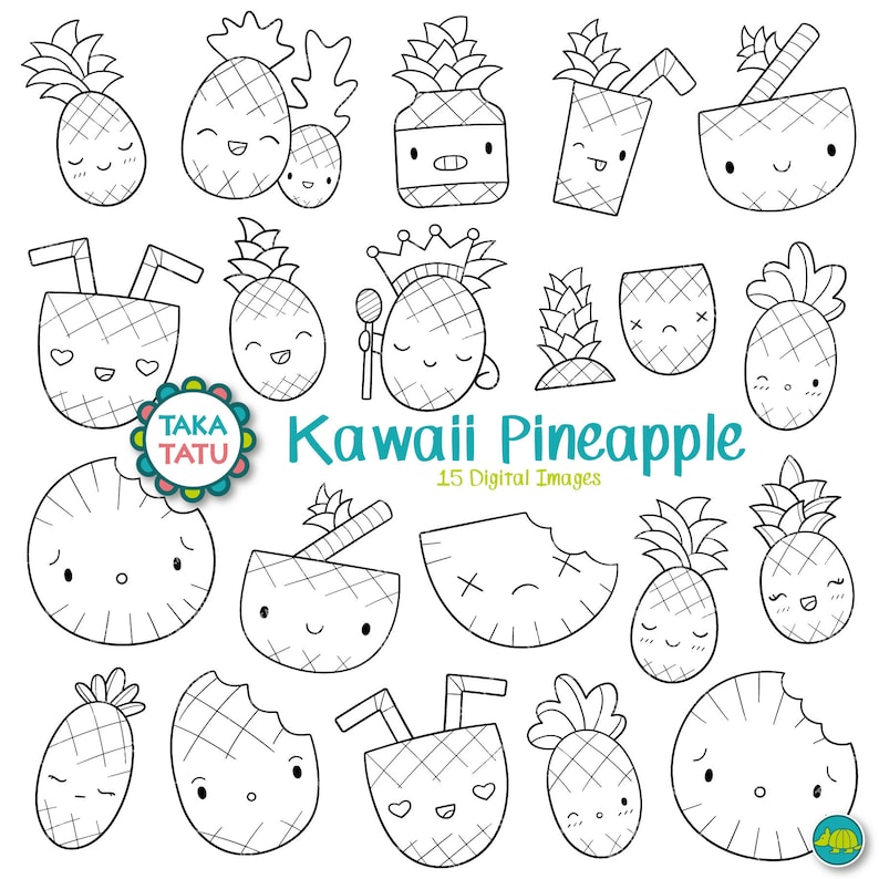 Kawaii Pineapple Clipart Printable Line Art Pineapples With - Etsy