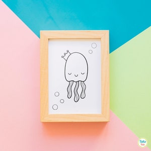 May include: A black and white line drawing of a jellyfish wearing a crown, with a few circles around it, framed in a light wood frame.