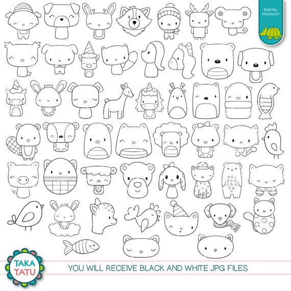 Cute Animals Clipart Animal Doodles Digital Stamp / Cute Zoo / Woodland /  Farm / Kawaii Animals Black and White Printable / Cute Line Art - Etsy