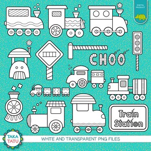 Trains Digital Stamp - Trains Clip Art / Train Clipart / Train Printable / Train Line Art / Black and White Clipart / Transportation / Kids image 3