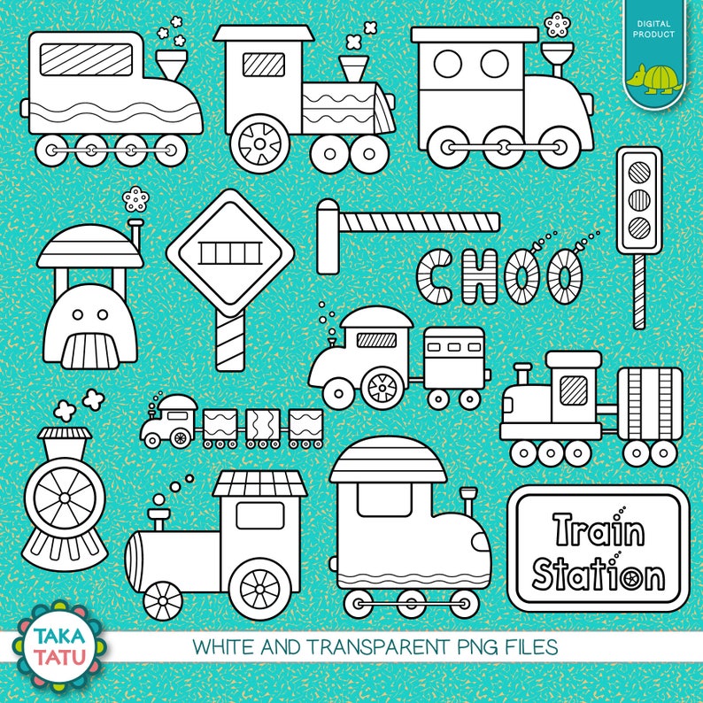 Trains Digital Stamp - Trains Clip Art / Train Clipart / Train Printable / Train Line Art / Black and White Clipart / Transportation / Kids image 3