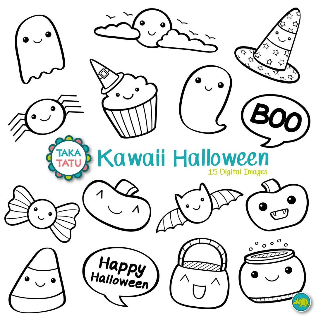 Kawaii Halloween Digital Stamp Pack - Black and White Clipart / Cute ...