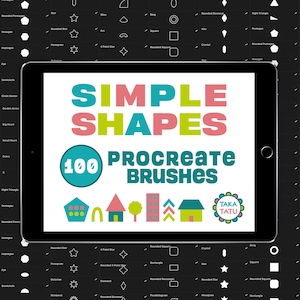 May include: A digital tablet screen displaying a set of 100 Procreate brushes for creating simple shapes. The screen shows a variety of shapes, including circles, squares, triangles, stars, hearts, and more. The text "SIMPLE SHAPES 100 PROCREATE BRUSHES" is displayed on the screen. The screen is surrounded by a black background with a grid of various shapes.