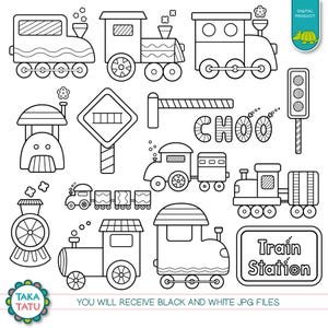 Trains Digital Stamp - Trains Clip Art / Train Clipart / Train Printable / Train Line Art / Black and White Clipart / Transportation / Kids image 2