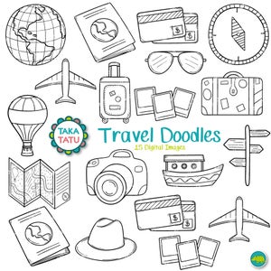 Carimbo digital Travel Doodles - Travel Doodles Clipart / Travel Clipart / Travel Line Art / Doodles Line Art / Hand Drawn Clipart / Imprimível