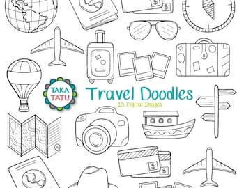 Reise Doodles digitaler Stempel - Reise Doodles Clipart / Reise Clipart / Reise Linie Kunst / Doodles Linie Kunst / Hand gezeichnet Clipart / Printable