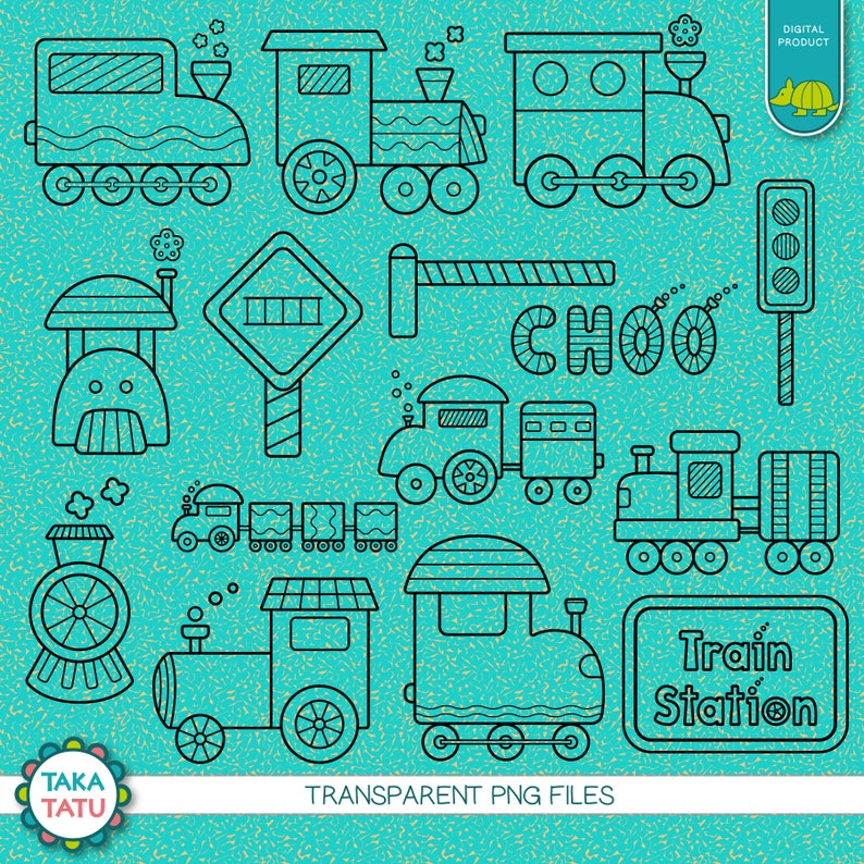 Trains Digital Stamp - Trains Clip Art / Train Clipart / Train Printable / Train Line Art / Black and White Clipart / Transportation / Kids image 4