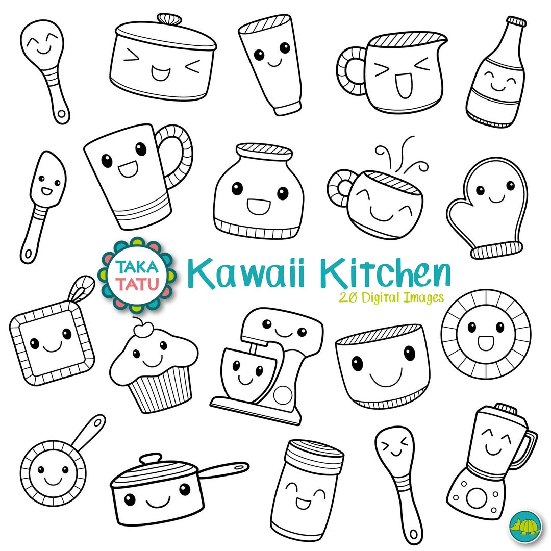 Kawaii Kitchen Digital Stamp Pack - Black and White Clipart / Cute ...