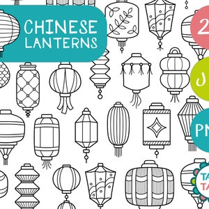 Set di francobolli digitali in bianco e nero di lanterne cinesi / capodanno cinese / scarabocchi lanterna di carta / decorazione lanterna di carta leggera - Download