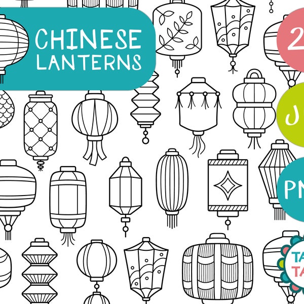 Chinese Lanterns Black and White Digital Stamp Set / Chinese New Year / Paper Lantern Doodles / Paper Light Lantern Decoration - Download