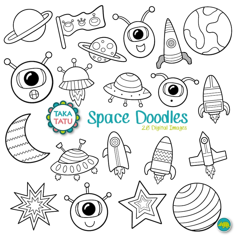 May include: A set of 20 black and white space-themed illustrations. The illustrations include planets, stars, rockets, aliens, and spaceships. The illustrations are perfect for coloring pages, crafts, or scrapbooking.