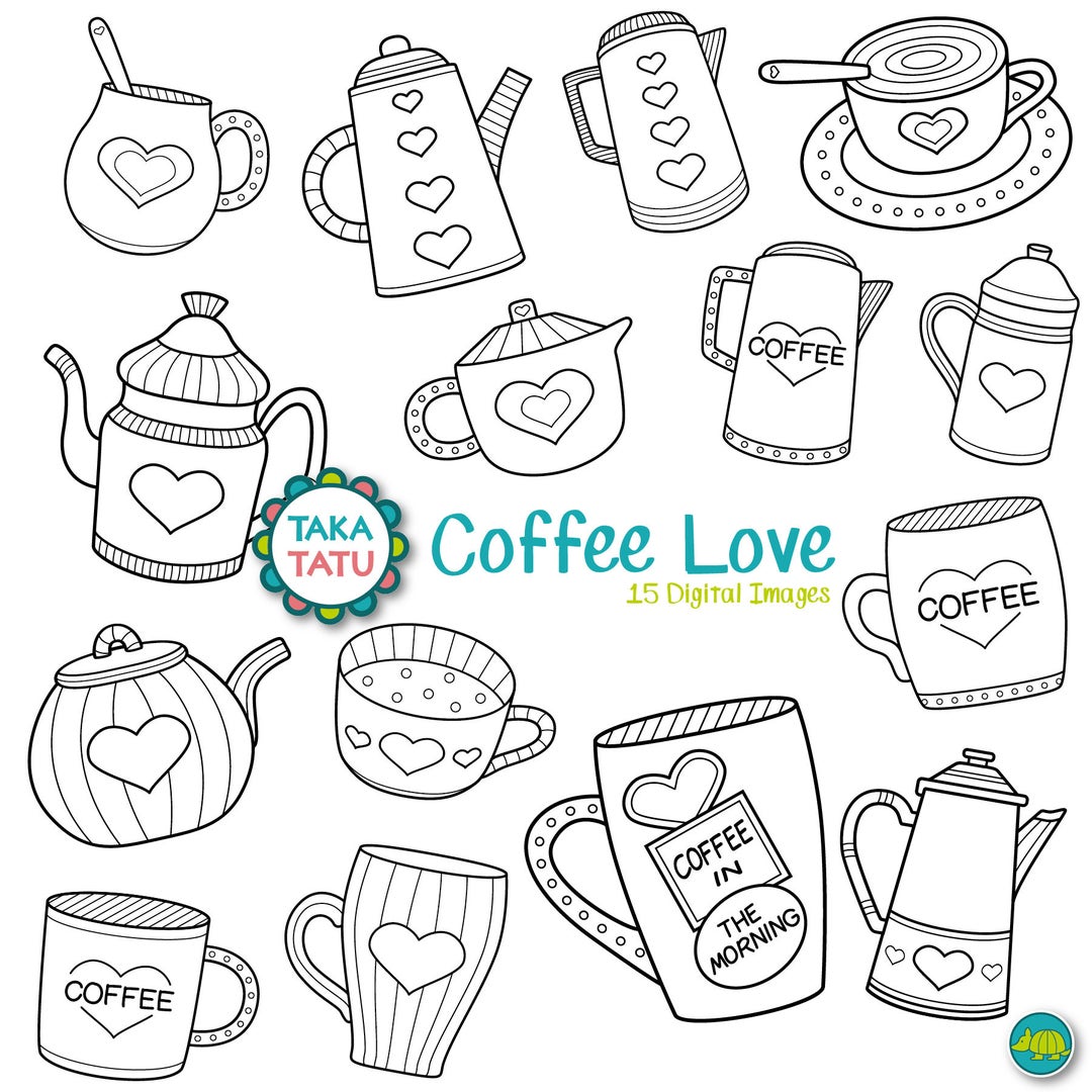 Coffee Love Digital Stamp Pack - Black and White Clip Art / Coffee Line ...